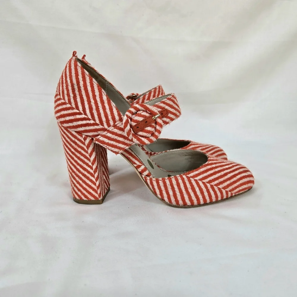 Boden Womens Evie Orange Ivory Stripe Fabric Buckle Mary Jane Pumps EU 36/5.5 US
